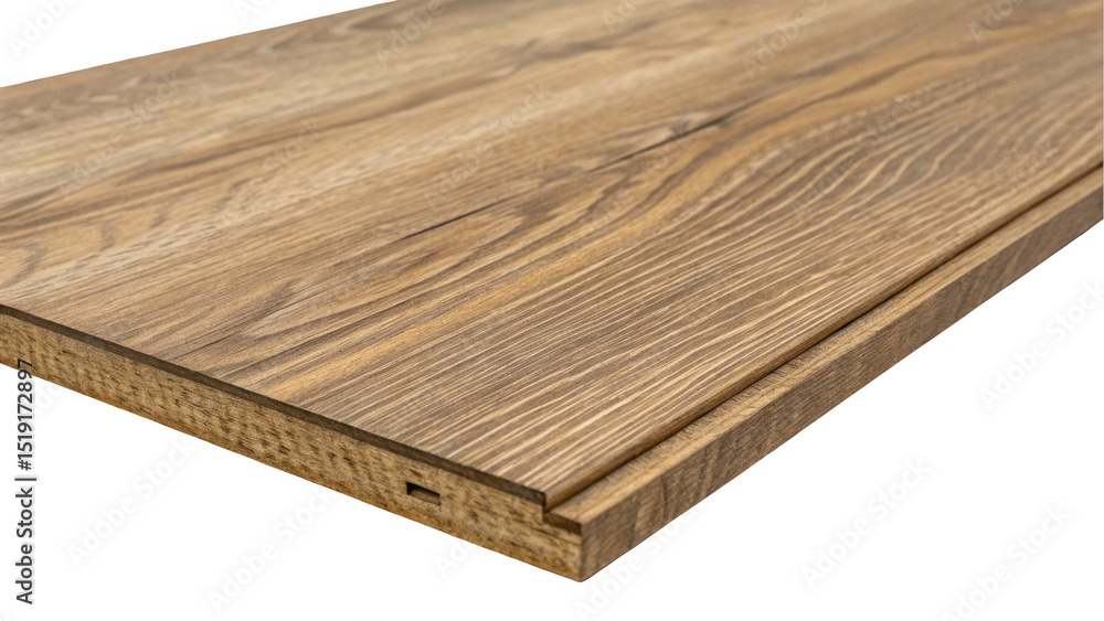 Poster close up of a laminate flooring plank showcasing its layered construction and wood grain texture, is