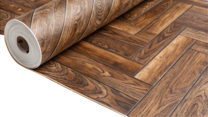 Linoleum roll partially unrolling, revealing a stylish parquet pattern against a transparent background, perfect for enhancing renovation and flooring projects in any home or interior design