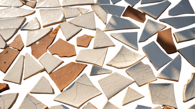White and brown ceramic fragments, broken and shattered, create an intricate mosaic pattern against a transparent backdrop, casting subtle shadows that add depth and intrigue to the composition