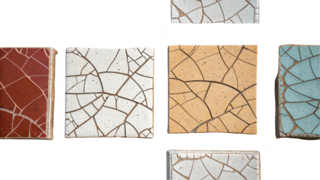 Red, white, beige and light blue cracked tiles with visible texture are displayed on a transparent background, creating a visually appealing and versatile design element