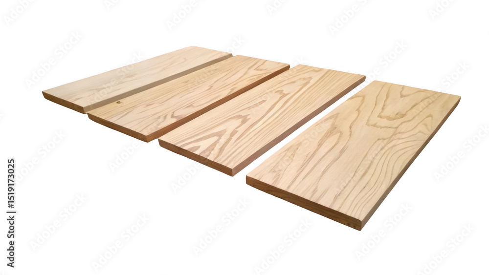 Poster four light brown wooden planks with visible wood grain are lying slightly offset on a transparent ba