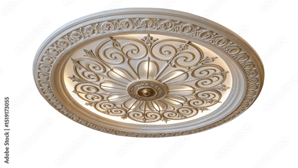 Poster round ceiling lamp illuminating ornate plaster decoration, adding a touch of elegance and sophistica