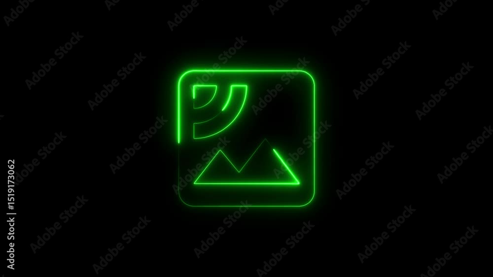 Poster neon green illuminated icon design illustrating data, signal, and image upload on black background