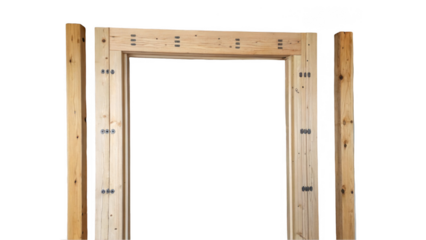 Precisely constructed wooden door frame showcasing its assembly process against a transparent background, ideal for architectural visualizations and design projects