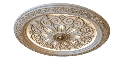 Round ceiling lamp illuminating ornate plaster decoration, adding a touch of elegance and sophistication to interior design on a transparent background, perfect for digital compositions