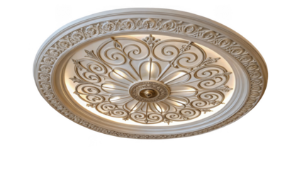 Round ceiling lamp illuminating ornate plaster decoration, adding a touch of elegance and sophistication to interior design on a transparent background, perfect for digital compositions
