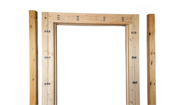 Precisely constructed wooden door frame showcasing its assembly process against a transparent background, ideal for architectural visualizations and design projects