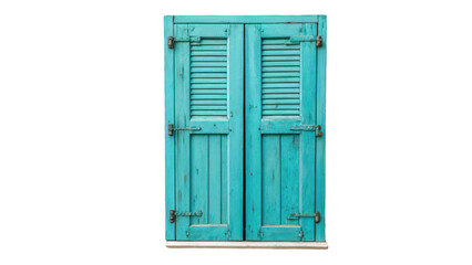 Bright turquoise wooden doors with shutters, featuring rustic metal hinges, set against a transparent background, perfect for architectural and design projects