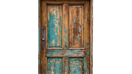 Close up of an old, weathered wooden door with peeling turquoise paint, highlighting its vintage charm and signs of decay on a transparent background
