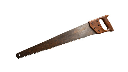 Rusty vintage handsaw featuring a wooden handle, isolated against a transparent background, ideal for enhancing diy, carpentry, and woodworking projects with a touch of nostalgia