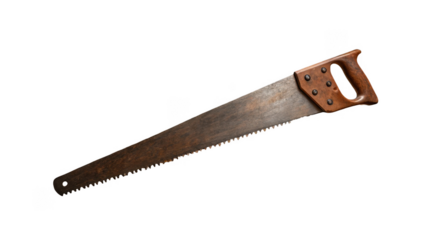 Rusty vintage handsaw featuring a wooden handle, isolated against a transparent background, ideal for enhancing diy, carpentry, and woodworking projects with a touch of nostalgia
