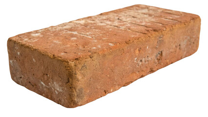 Studio shot of a weathered red brick isolated on a transparent background, highlighting its texture and the effects of time and exposure to the elements
