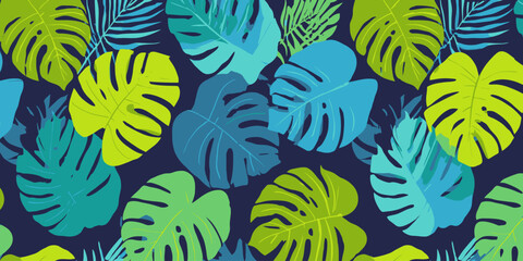 Vibrant Tropical Seamless Pattern Lush Green and Blue Monstera Leaves