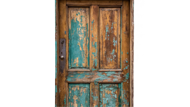 Close up of an old, weathered wooden door with peeling turquoise paint, highlighting its vintage charm and signs of decay on a transparent background