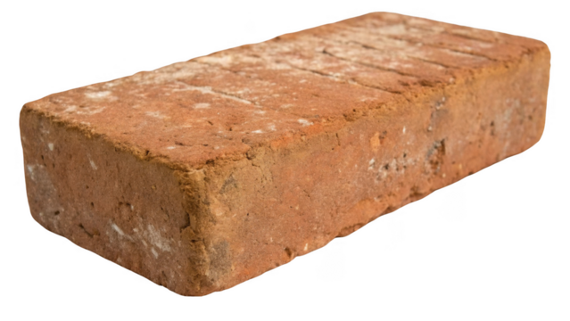 Studio shot of a weathered red brick isolated on a transparent background, highlighting its texture and the effects of time and exposure to the elements