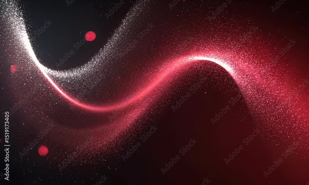 Poster wavy stream of red and white glitter particles against a dark background abstract motion design with