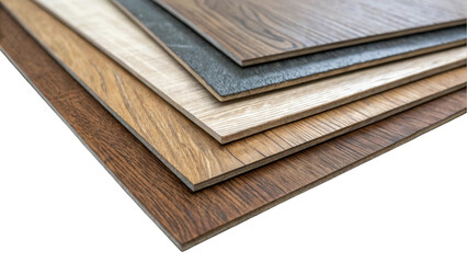 Wood effect flooring samples are stacked. Showcasing a range of colors and textures. Ideal for interior design projects. With transparent background for easy integration into presentations or mockups