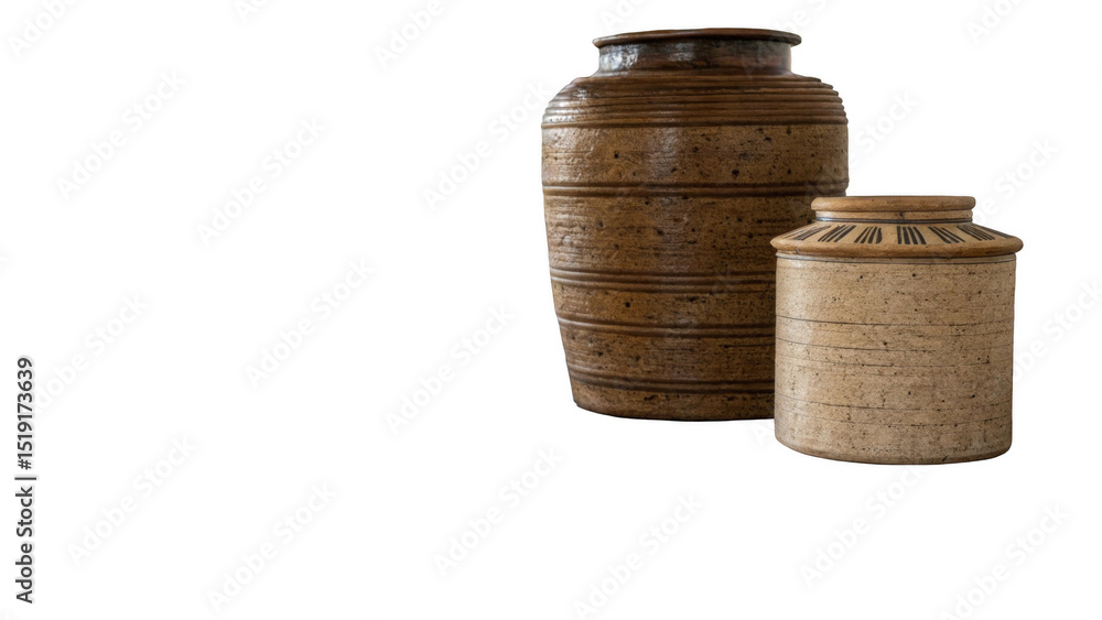 Poster Two vintage ceramic vases. Showcasing a rustic aesthetic with textured surfaces and striped patterns. Are isolated against a transparent background. Ready for integration into diverse design projects