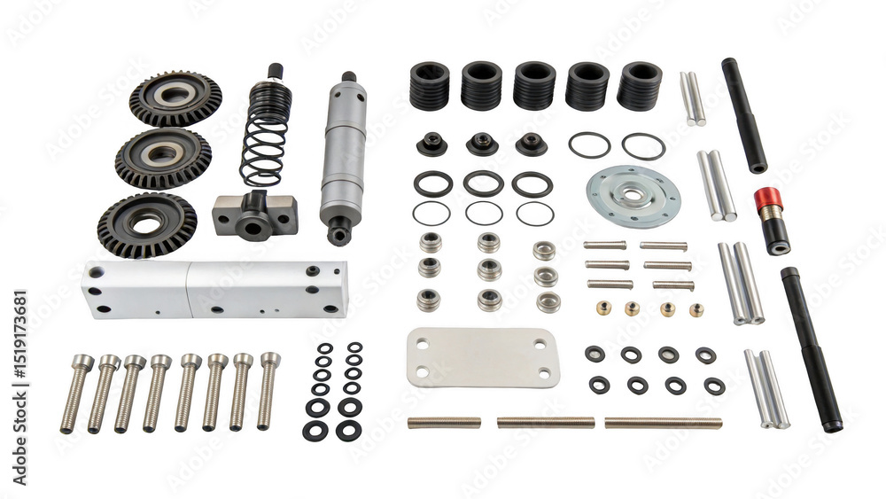 Poster exploded view diagram featuring meticulously arranged mechanical components like gears, springs, scr