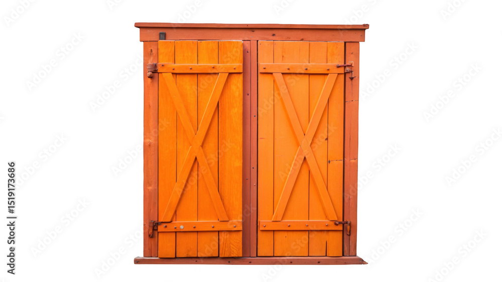 Aufkleber Bright orange window shutters featuring a cross design add a pop of color to any architectural project, isolated on a transparent background for easy integration into designs