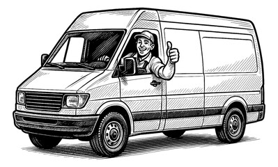 Man Giving Thumbs Up While Driving a Delivery Van with Happy Expression in Detailed Line Art