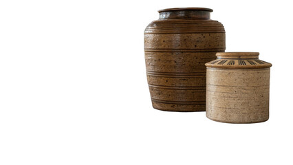Two vintage ceramic vases. Showcasing a rustic aesthetic with textured surfaces and striped patterns. Are isolated against a transparent background. Ready for integration into diverse design projects