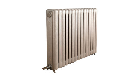 Classic metal radiator featuring vertical columns, isolated on a transparent background. Ideal for illustrating home heating concepts and energy efficiency in interior design