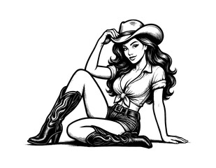 Pinup cowgirl sitting and smiling wearing cowboy hat with black and white detailed line art