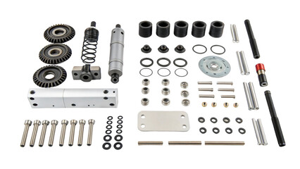 Exploded view diagram featuring meticulously arranged mechanical components like gears, springs, screws, and washers against a transparent background, suggesting assembly and repair