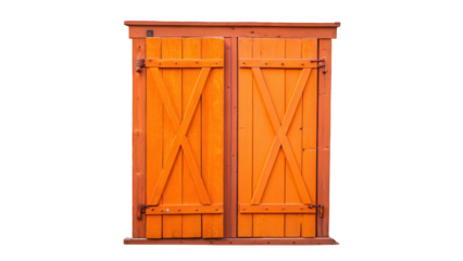 Bright orange window shutters featuring a cross design add a pop of color to any architectural project, isolated on a transparent background for easy integration into designs