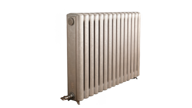 Classic metal radiator featuring vertical columns, isolated on a transparent background. Ideal for illustrating home heating concepts and energy efficiency in interior design