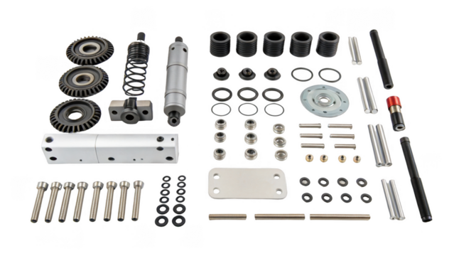 Exploded view diagram featuring meticulously arranged mechanical components like gears, springs, screws, and washers against a transparent background, suggesting assembly and repair