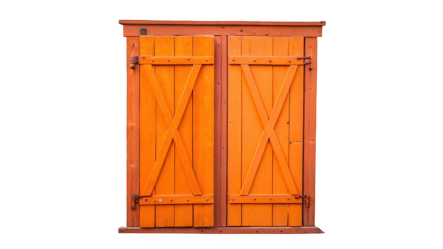 Bright orange window shutters featuring a cross design add a pop of color to any architectural project, isolated on a transparent background for easy integration into designs
