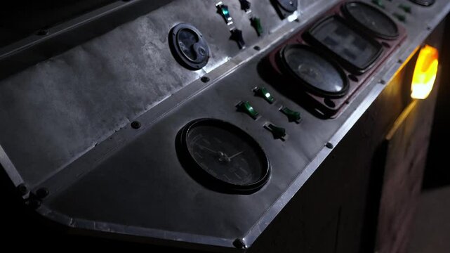 Close-up of an old control panel in the cab of a train or subway. A dark room with a train dashboard. 