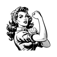 Rosie the Riveter Style Woman Flexing Arm in Black and White Illustration