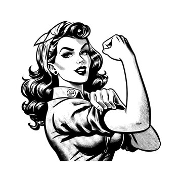 Rosie the Riveter Style Woman Flexing Arm in Black and White Illustration