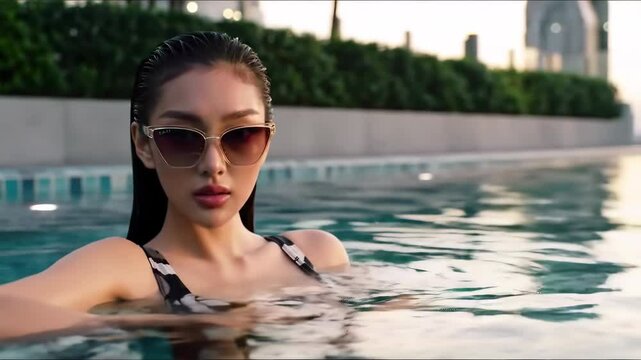 Woman Relaxing in Pool with Sunglasses and Urban View