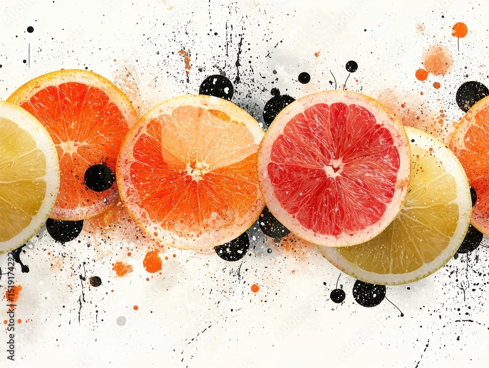 Poster summer fruit fresh concept. vibrant citrus slices with artistic splashes on a textured background.