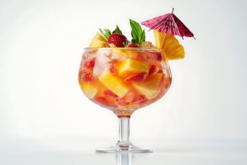 Close up of a fruit cocktail in a glass with pineapple strawberry and a pink paper umbrella garnish