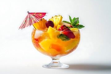 Close up of a fruit cocktail in a glass with an umbrella and mint on a white background studio shot
