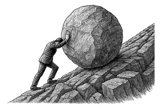 Man pushing huge rock uphill in black and white detailed engraving style illustration