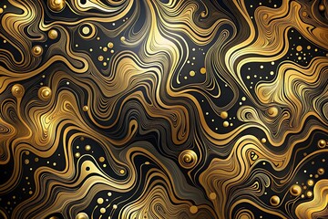 Abstract golden waves and spheres create a luxurious and elegant pattern on a black background