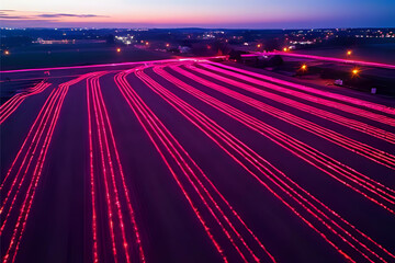 Organised agricultural fields showing geometry and symmetry from above - Drone view of farmland with neon pink color and light