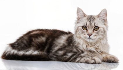 Gentle Felis Americanus Curl over Pristine Backdrop, Graceful Feline Basking in a Softlit Room with Minimalist Elements, Evoking Serenity and Elegance.
