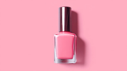 A stylish bottle of vibrant pink nail polish against a soft pink background, ideal for beauty and cosmetics aesthetics.