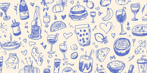 Contemporary Minimalist Line Art Food and Drink Seamless Pattern