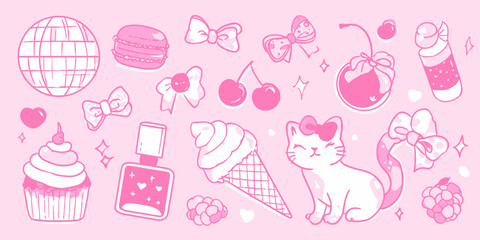 Cute Kawaii Pink Aesthetic Sticker Set  Sweet Treats, Kitty, and Bows