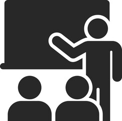 Teacher and students in front of blackboard in classroom, solid icon vector.