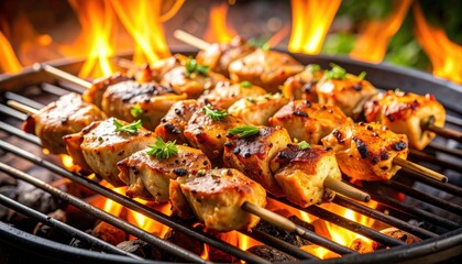 Naklejka premium Grilled Chicken Skewers On Barbecue Grill