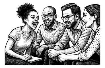 Diverse group of people laughing and collaborating during meeting, engraving line art style